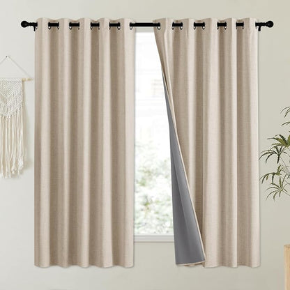 NICETOWN Cream 100% Blackout Linen Curtains 63 inch Long Burg - Image 2