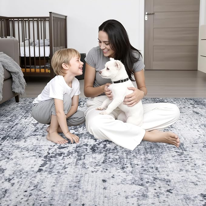 Area Rug Living Room: 4x6 Modern Washable Indoor Soft Carpet Grey | - Image 6