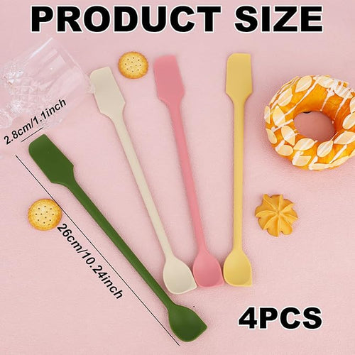 4pcs Mini Silicone Spatulas Set, Dual Sided Multifunctional Small Kitchen Scraper Long Spoon Reusable Stirrer for Jam Cake Cream Butter Icing Lotion (4 Colors)