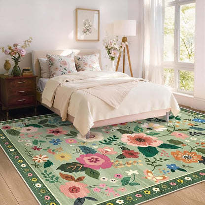 RELEANY Floral Washable 5x7 Area Rugs LightGreen | Flower Carpet Print Boho - Image 7