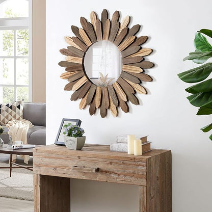 Honiway Boho Wall Decor 21 inch Wall Mirror Rustic Wood Decorative Mirror - Image 3