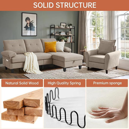 2PCS Sectional Sofa Set with Ottoman, Modern Linen 4 Seater Couch Set with Side - Image 4