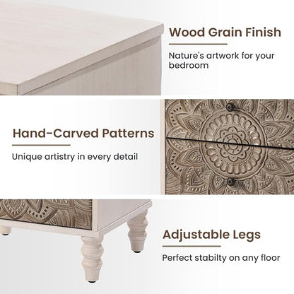 HOMPUS White Nightstand with 2 Drawers, Lotus Flower Carved Wood Bedside Table - Image 4