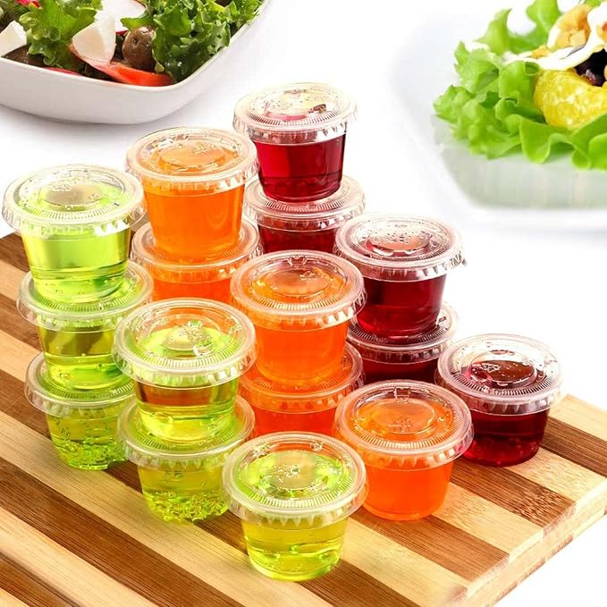 TashiBox 200 Sets - 1 Ounce Jello Shot Cups with Lids, Plastic Souffle Portion Cups with Lids, Clear
