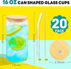 Joyclub Glass Cups with Bamboo Lids and Straws 20 Set 16 oz Reusable Iced Coffee Cup Beer Can Drinking Jars for Smoothie Whiskey Boba Soda Tea Gift