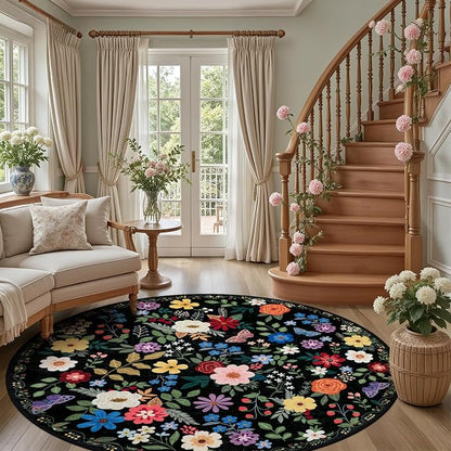 PLHXFR Round Area Rug Living Room: 8 ft Floral Washable Soft Carpet Black | - Image 5