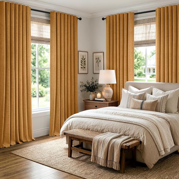 MIULEE Fall 100% Blackout Linen Curtains 42" x 84" Mustard Yellow 2 Panels | - Image 8