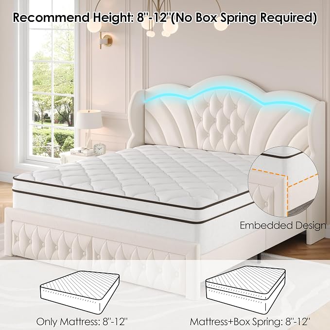 Keyluv Full Bed Frame Arc-Shaped LED Lights and 47.2" Height Wingback Bed - Image 7