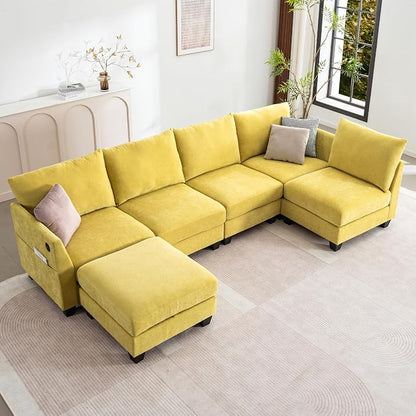 124" Modular Sectional Sofa, Modern Linen U-Shaped 6 Seater Sectional Sofa - Image 8
