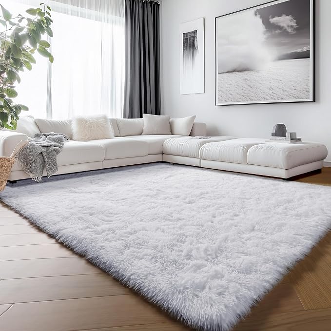White 8x10 Area Rugs for Living Room, Large Fluffy Shag Bedroom Rug, Soft Plush by ONASAR