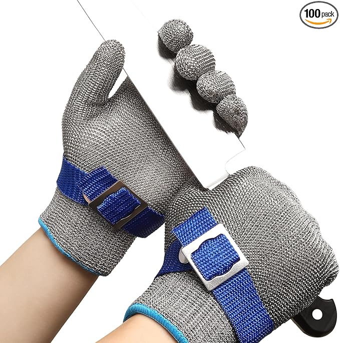 ANSI A9 Cut Resistant Glove, Food Grade Stainless Steel wire Mesh Metal Gloves, Knife Cutting Gloves for kitchen Mandoline Slicing Butcher Meat Cutting Oyster Shucking Fish Fillet（M, 50 Pairs）