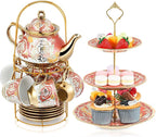 Maxcheck 21 Pcs Tea Party Set for Adults European Floral Tea Set with Metal Holder and 3 Tier Ceramic Cake Stand Porcelain Flower Cup Teapot for Dessert Cupcake(Romantic Style)