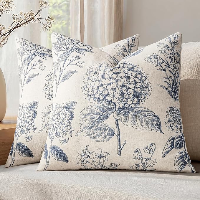 Set of 2 Decorative Floral Pillow Covers 22x22 Inch Light Blue | Neutral by SWANCOCO