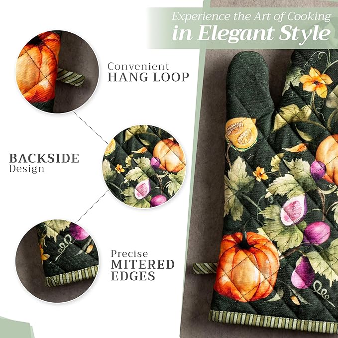 Maison d' Hermine Oven Gloves 100% Cotton Oven Mitt 7" x 13" with Loop Heat Resistant, BBQ, Cooking Gloves, Baking, Grilling, Kitchen, Handling Hot Pans (Pack of 1, Pumpkin Garden - Dark Green)
