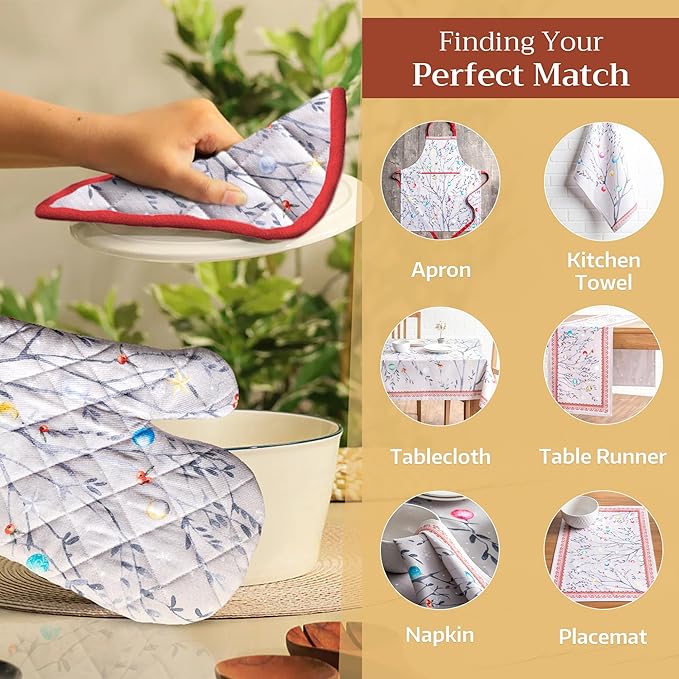 Maison d' Hermine 100% Cotton Oven Mitt & Pot Holder Set (7.5"x13" & 8"x8") Heat Resistant BBQ Cooking Gloves with Loop, Baking, Grilling, Kitchen, Handling Hot Pans (Fairy Christmas)