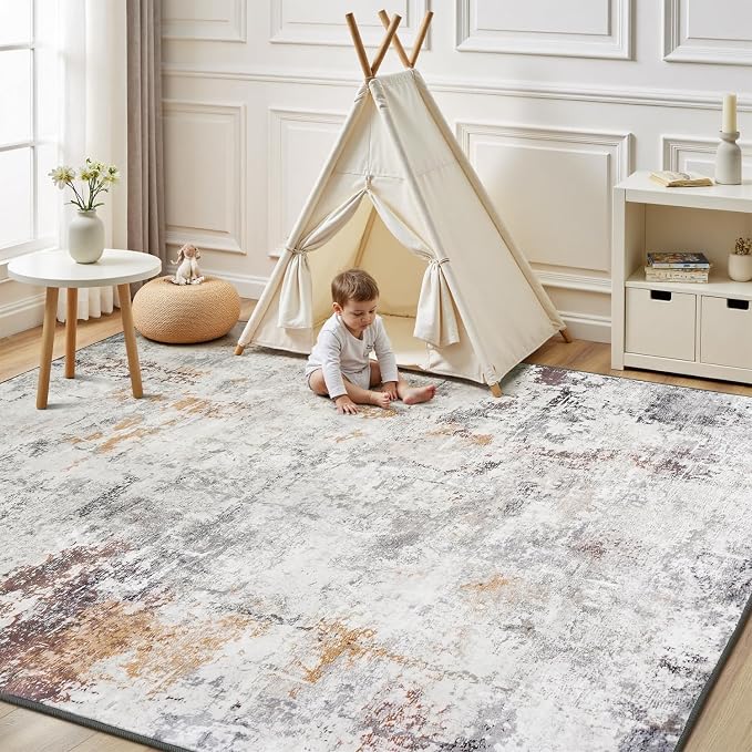 Rugflix 9x12 Area Rugs for Living Room, Washable Beige Grey Large Rug | Machine - Image 9