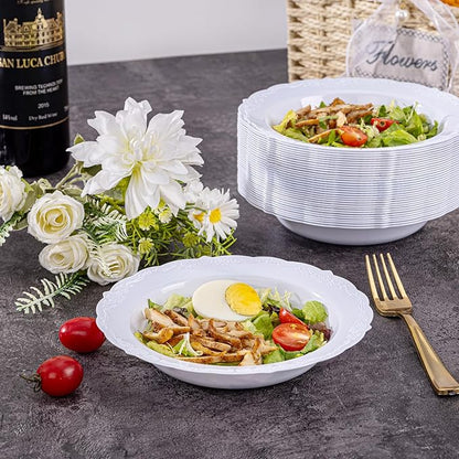 DaYammi 50 Pack Plastic Bowls, 12oz Disposable Soup Bowls, Heavy Duty Dinner Bowls for Weddings, Parties, Dinners, Catering and Everyday Use