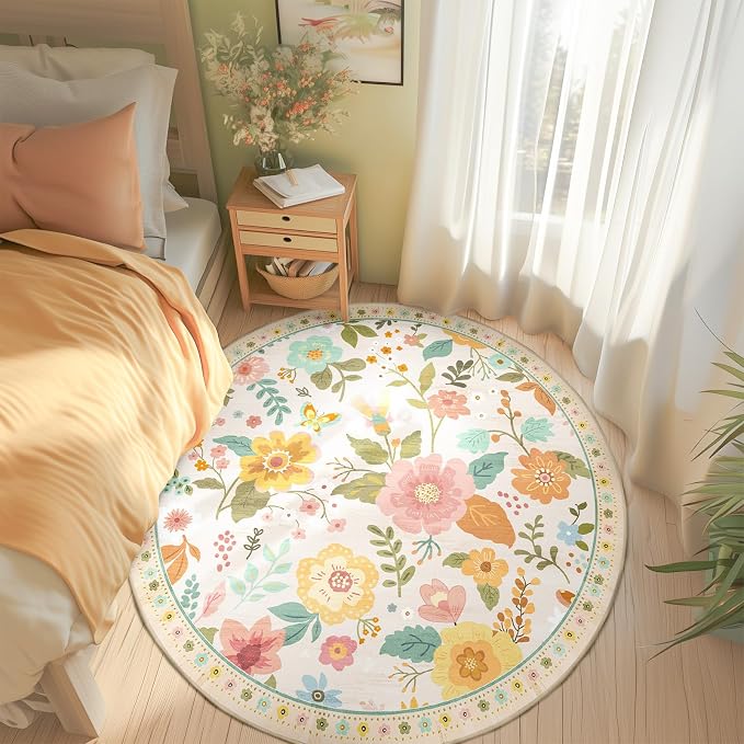 RELEANY Floral Washable Round 6ft Area Rug Beige/White/Orange | Flower Carpet - Image 6