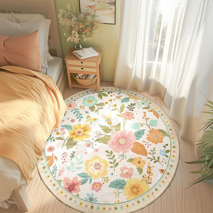 RELEANY Floral Washable Round 6ft Area Rug Beige/White/Orange | Flower Carpet - Image 6