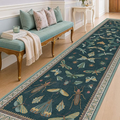 Vintage Green Runner Rug for Hallway 3x12, Washable Foldable Boho Carpet for by HazoHaus