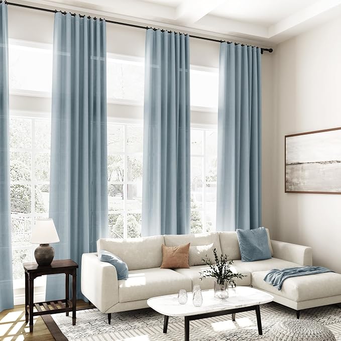 Light Blue Linen Curtains Semi Sheer 96 Inches Long 2 Panels Set - Image 7