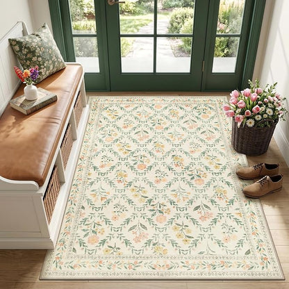 PLHXFR Area Rug Living Room: 3x5 Floral Washable Boho Carpet Beige Multi | by PLHXFRSoftAreaRugs