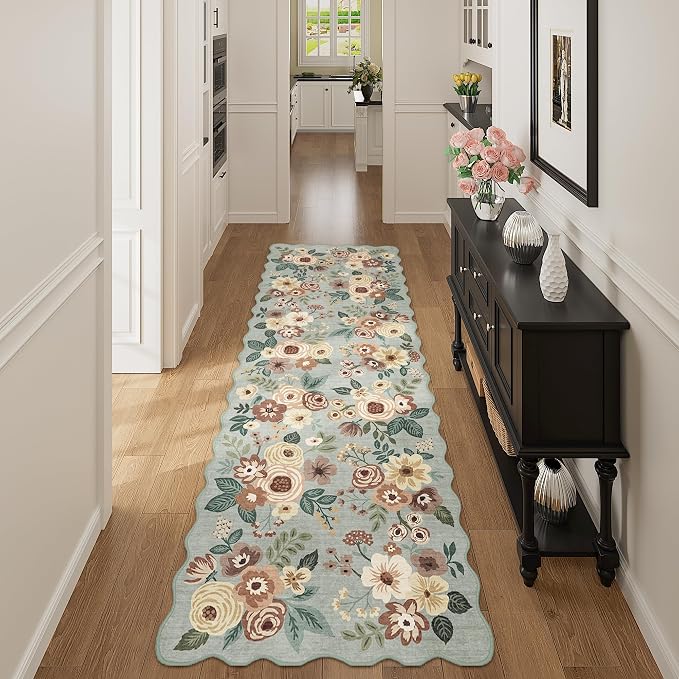DUKINO 2.6x8 Runner Rug, Floral Washable Kitchens Rug Non Slip, Sage Green | - Image 7