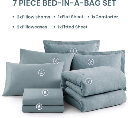 Monbix King Size Comforter Set, 7 Pieces Dusty Blue Cationic Dyeing Bed in a - Image 7