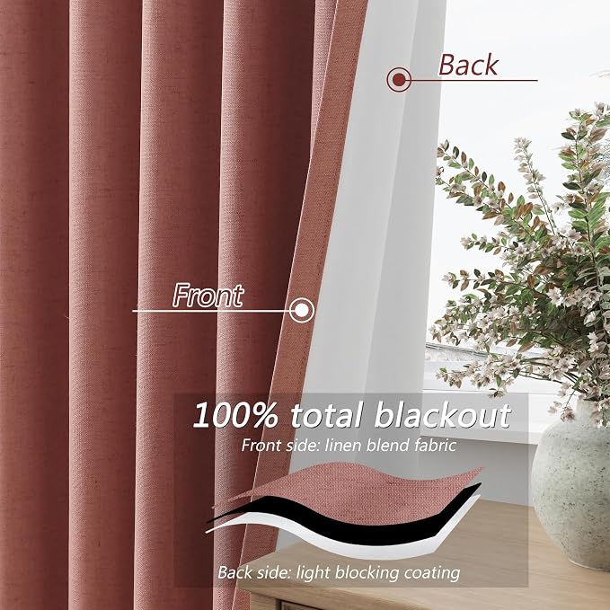 Dusty Rose 100% Blackout Linen Curtains 102 Inch Length 2 Panels Set - Image 4