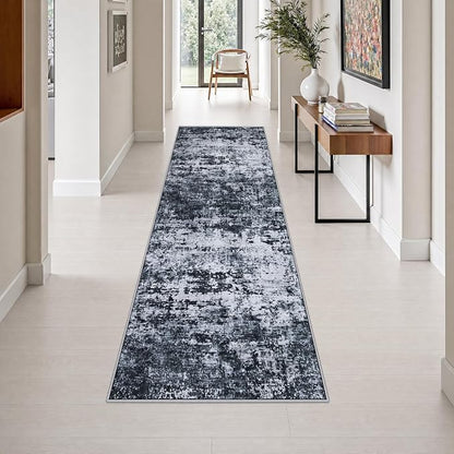 2.6x10 Washable Runner Rug:Modern Abstract Indoor Carpet Black | by FXRHLP
