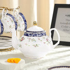 fanquare Bone China Tea Sets for Adults, 21-Piece Blue Lace and Roses Porcelain Tea Service with Sugar Bowl & Creamer, English Cremic Floral Teacups Set of 6 for Women Tea Party