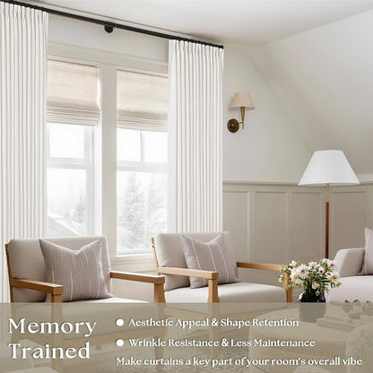 Beige White Pinch Pleated Linen Curtains 2 Panels 100 Inches Long | Memory - Image 2
