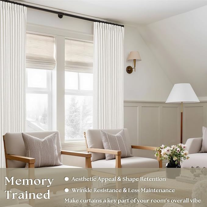 Off White Linen Pinch Pleated Curtains 80 Inches Long 2 Panels | Beige White - Image 2