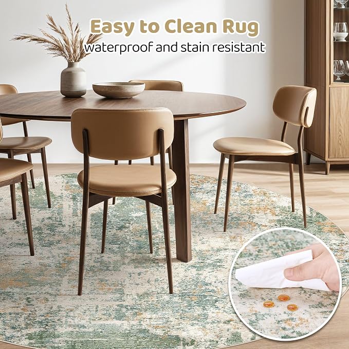 LOONGRUG Round Rug 7x7 Washable Large Neutral Modern Area Rugs Green | Abstract - Image 5