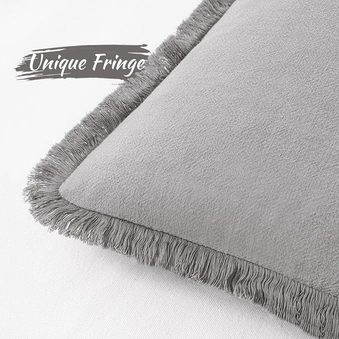 MIULEE Linen Fringe Decorative Euro Throw Pillow Covers Light Grey 24x24 | Set - Image 2