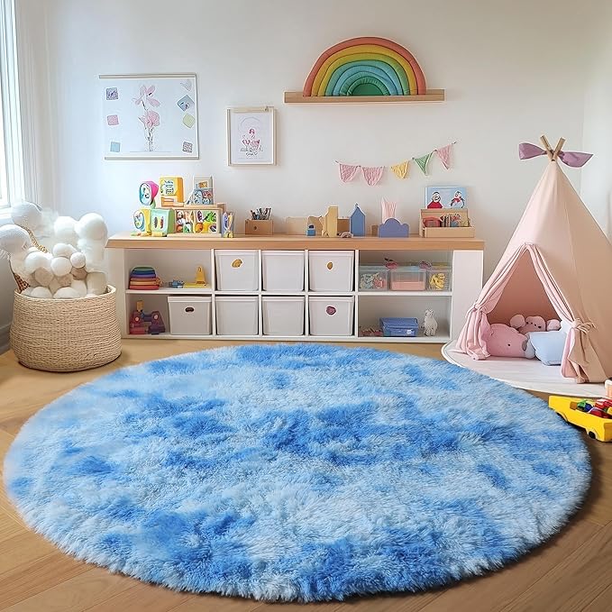 Round Rugs 5ft for Bedroom Living Room, Tie-Dye Blue Fluffy Circle Area Rug for - Image 5