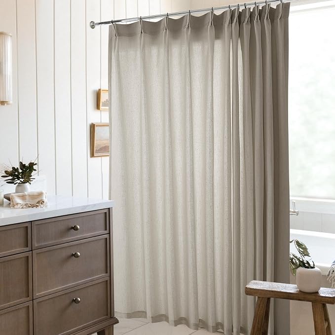 72 Inch Linen Pleated Shower Curtain Burlywood Birch Semi Sheer | Taupe - Image 3