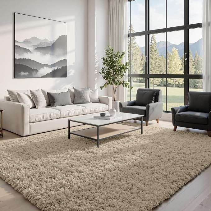 5x8 Fluffy Shag Area Rugs for Living Room Bedroom: Soft Carpet Gray Camel | - Image 3