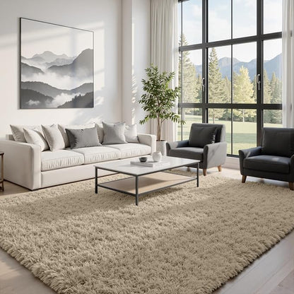 8x10 Fluffy Shag Area Rugs for Living Room Bedroom: Soft Carpet Gray Camel | by CarpetAddColortoYourLife