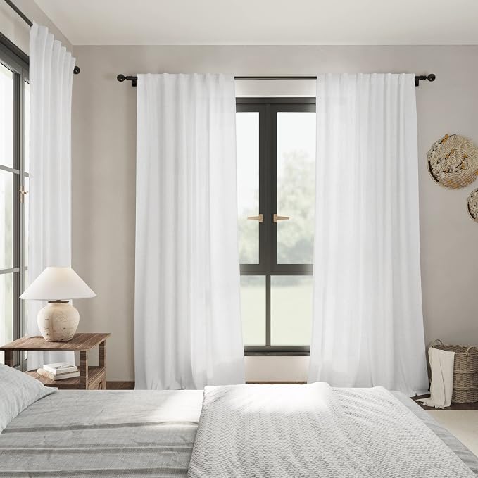 Solid White Curtains 96 Inches Long 2 Panels Back Tab Sheer Linen Curtain - Image 7