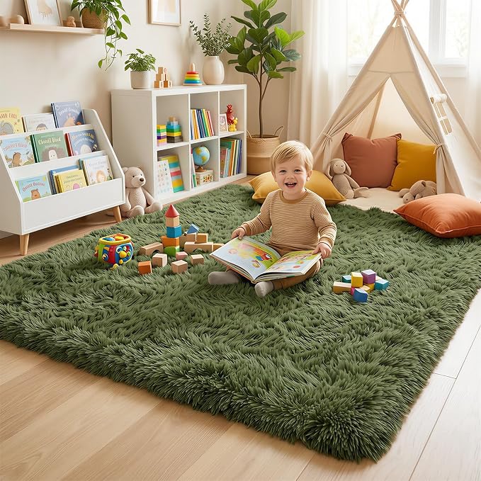Amdrebio Olive Green Large Fuzzy Furry Area Rug 6x9 - Image 5