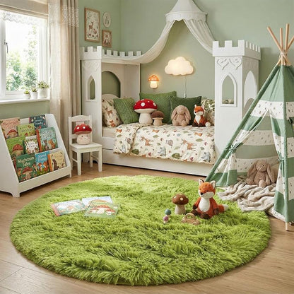 Amdrebio Grass Green Round Fluffy Kids Rug 5Ft - Image 3