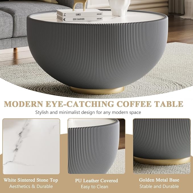 Round Marble Coffee Table 27.56" Bucket Shaped Fluted Coffee Table - Image 5