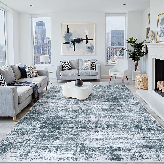 9x12 Area Rug for Living Room Bedroom: Non-Slip Modern Light Slate Blue | by Oriannal