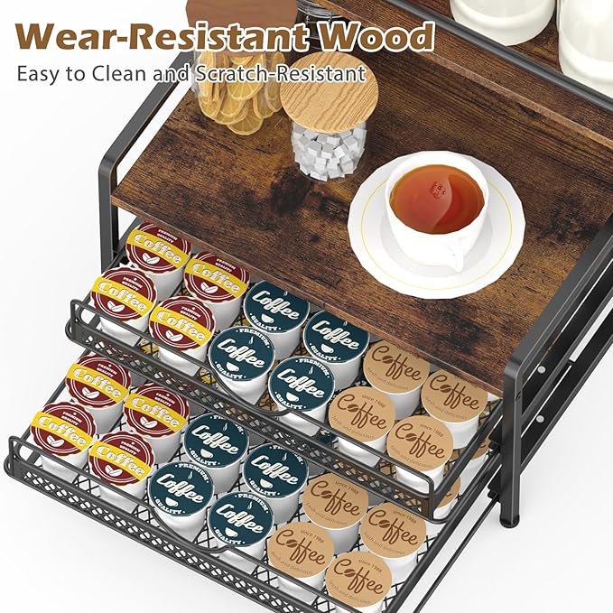 Coffee Bar Organizer, Coffee Pod Organizer,3 Tier Coffee Syrup Rack Organizer,72 K Cup Storage for Counter Storing K Cup,Coffee Syrups, Coffee Makers and Other Coffee Supplies-Rustic Brown