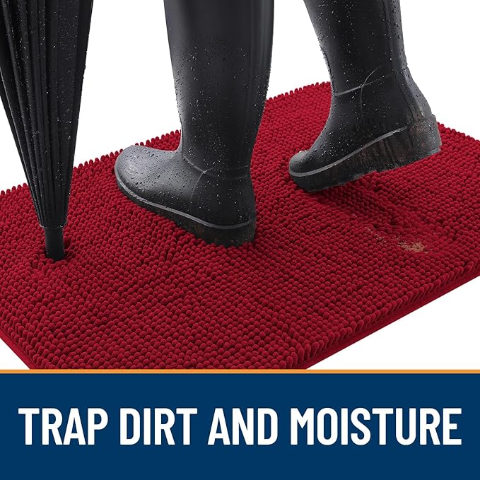 OLANLY Dog Door Mat for Muddy Paws 34x21, Super Absorbent Chenille Mud Mat | Red - Image 2