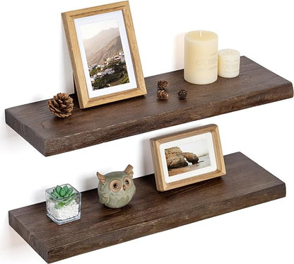 Floating Shelves for Wall Decor, Rustic Solid Elm Wood Live Edge Floating by FLYJOE