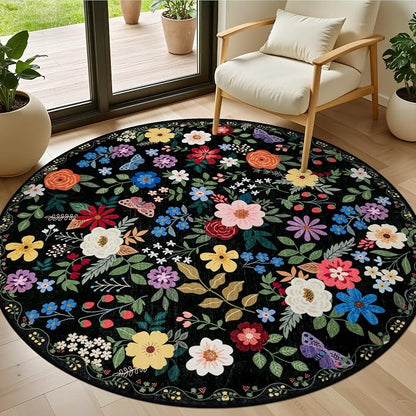 PLHXFR Round Area Rug Living Room: 4 ft Floral Washable Soft Carpet Black | by PLHXFRSoftAreaRugs