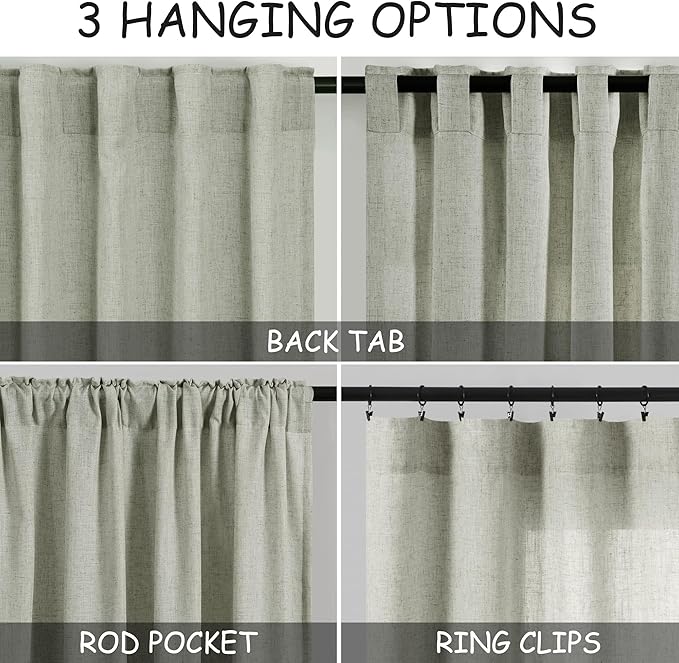 Sage Green Linen Blend Drapes 84 Inch Length 2 Panels Set Back Tab Rod Pocket - Image 3