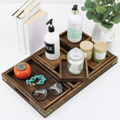 5-Piece Rustic Wooden Serving Tray Set, Handcrafted Nesting Trays - Image 5